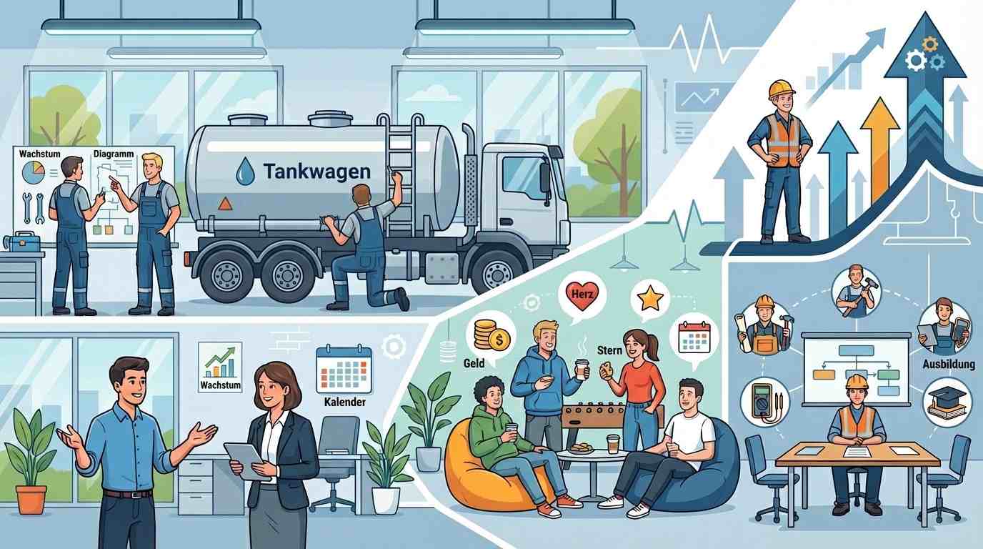Zwei Männer arbeiten an einem silbernen Tankwagen vor einem modernen Firmengebäude