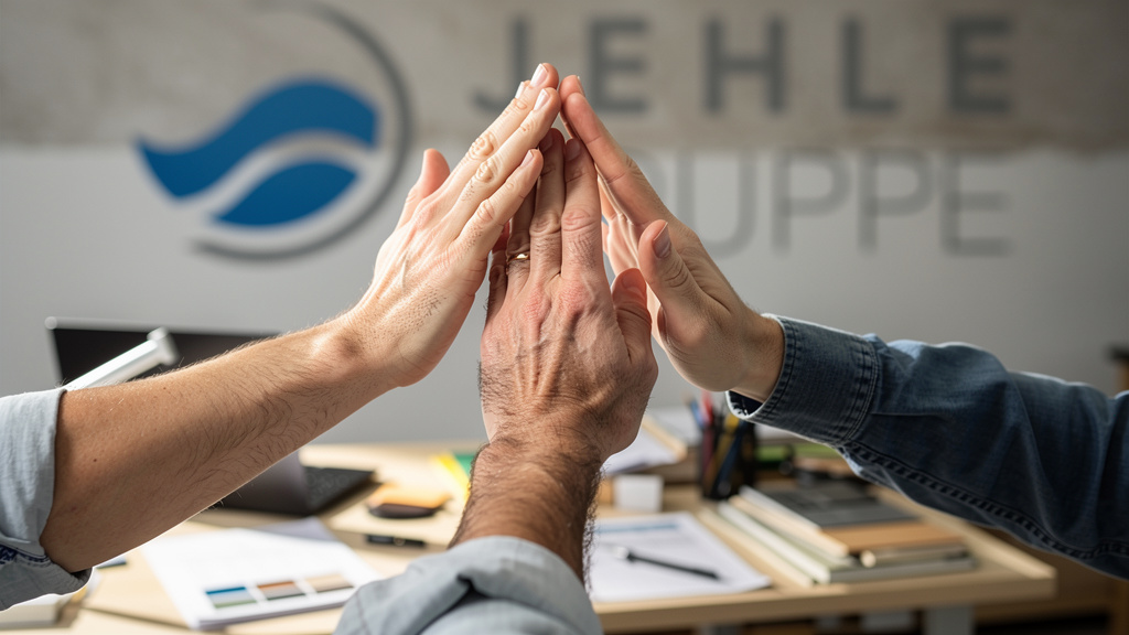 Zwei Personen geben sich im Buero mit laechelndem Gesichtsausdruck ein High Five