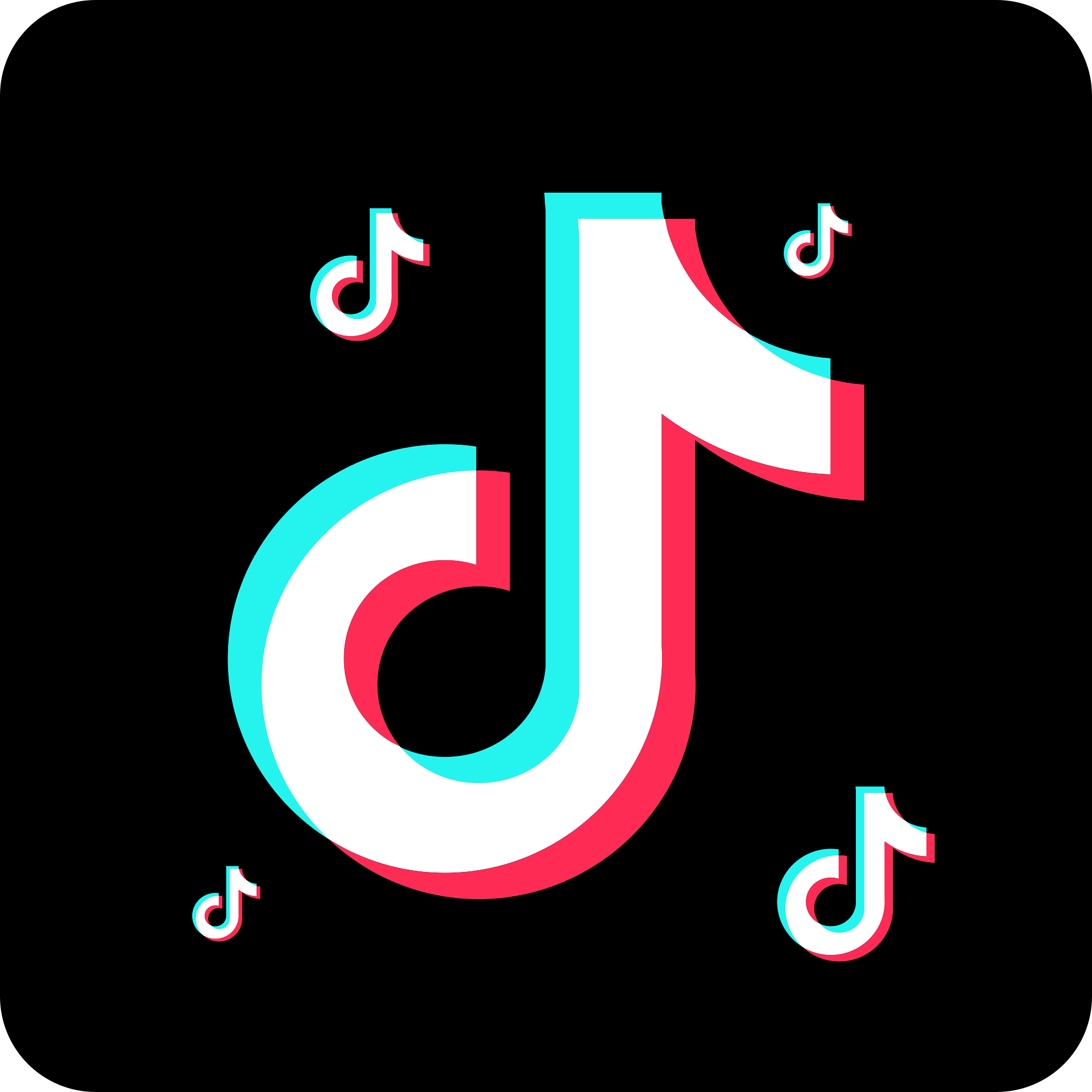 Das grosse TikTok Logo in Weiss mit Cyan und Pink umrissen, auf schwarzem Hintergrund